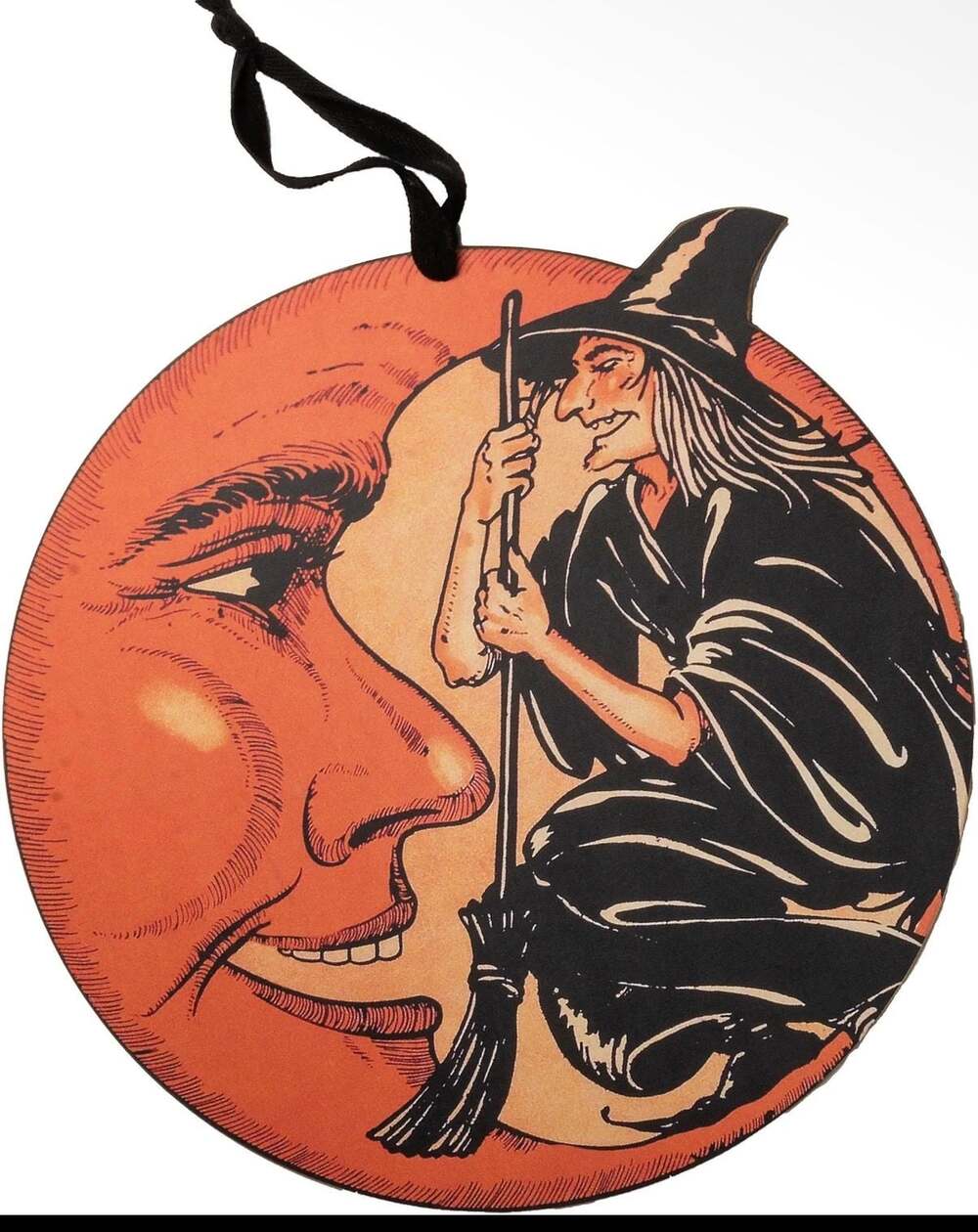 Primitives by Kathy Retro Witch and Moon Wooden Halloween Wall Decor Sign